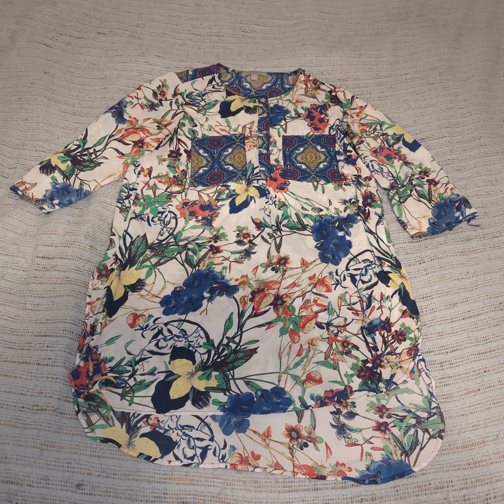 Valerie Stevens Multicolor Floral Printed Hi-Low Polyester Tunic Top Size Large